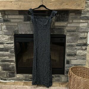 Ruffle off the shoulder slit maxi dress. Navy polka dot. Like new!
